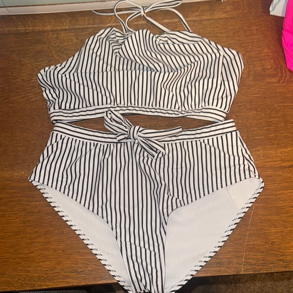 Black and White Striped Bikini Set
